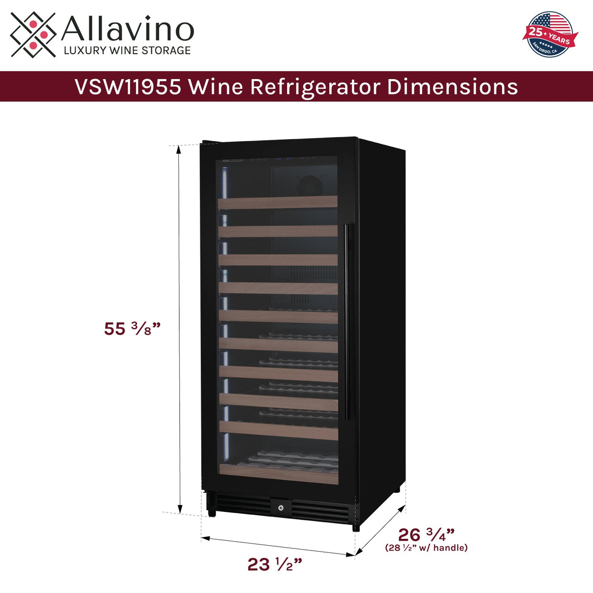 Allavino Reserva Series 119‑Bottle 55″ Semi Tall Single Zone Left Hinge Black Metal Wine Refrigerator VSW11955S‑1BL