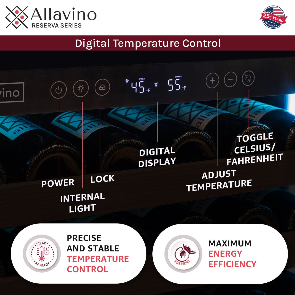 Allavino Reserva Series 119-Bottle 55″ Semi-Tall Dual Zone Left Hinge Black Metal Wine Refrigerator