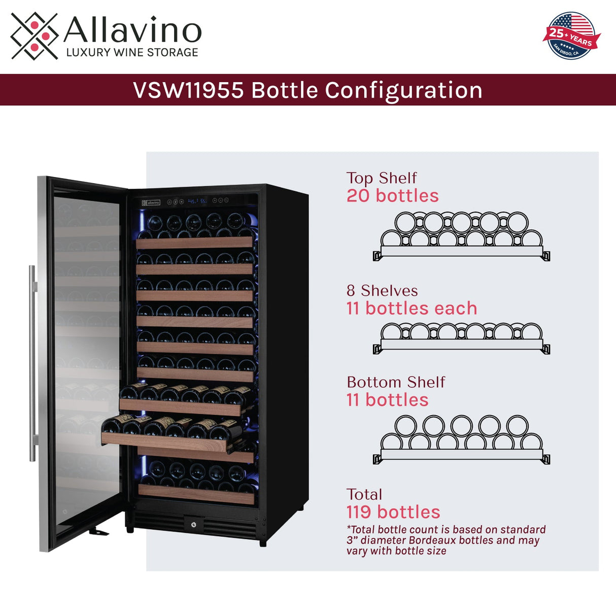 Allavino Reserva Series 119 Bottle 55" Tall Single Zone Left Hinge Stainless Steel Wine Refrigerator