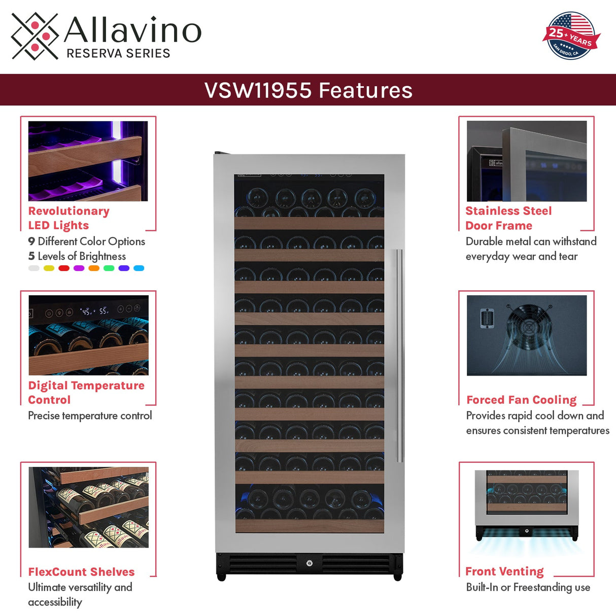 Allavino Reserva Series 119 Bottle 55" Tall Single Zone Left Hinge Stainless Steel Wine Refrigerator
