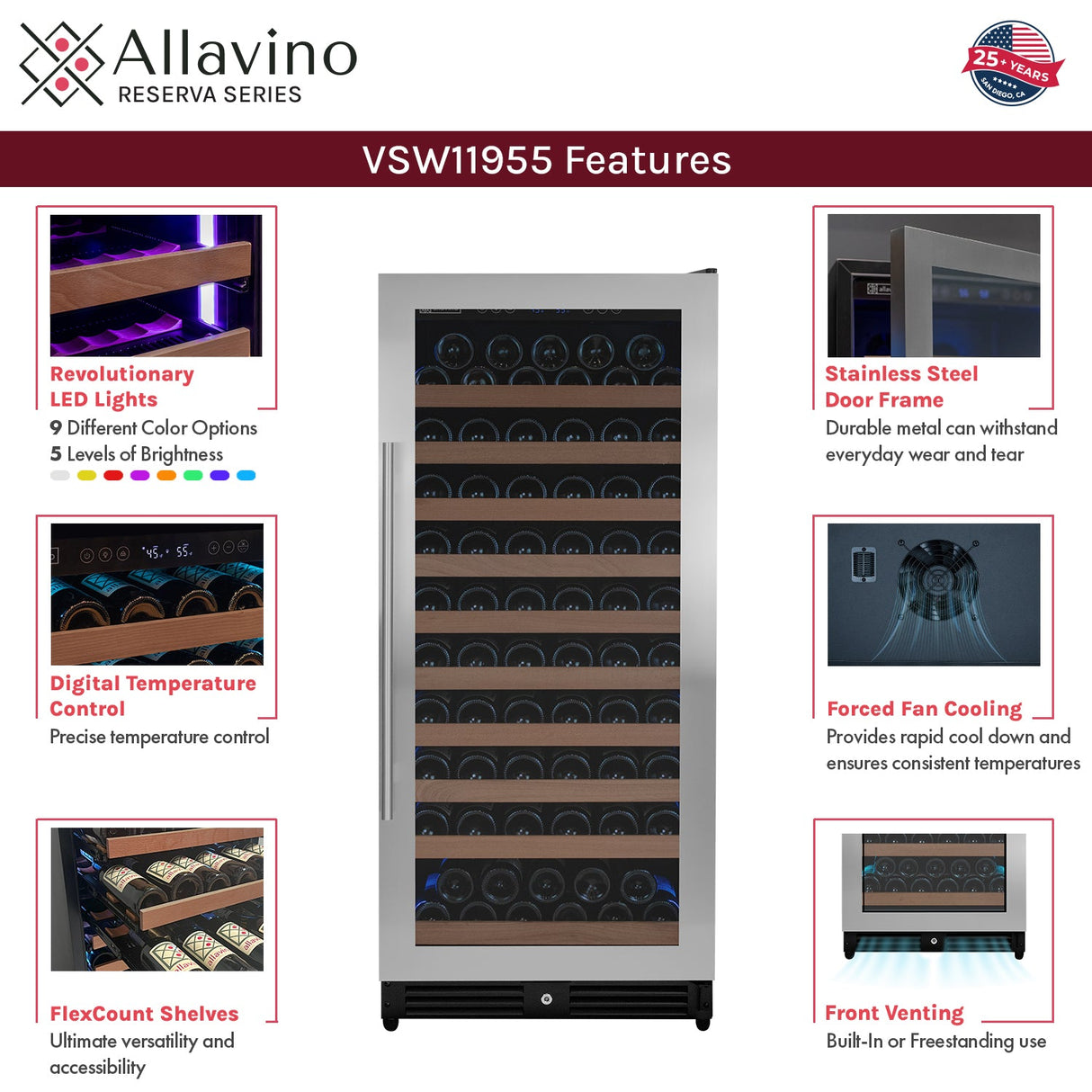 Allavino Reserva Series 119 Bottle 55" Tall Single Zone Right Hinge Stainless Steel Wine Refrigerator
