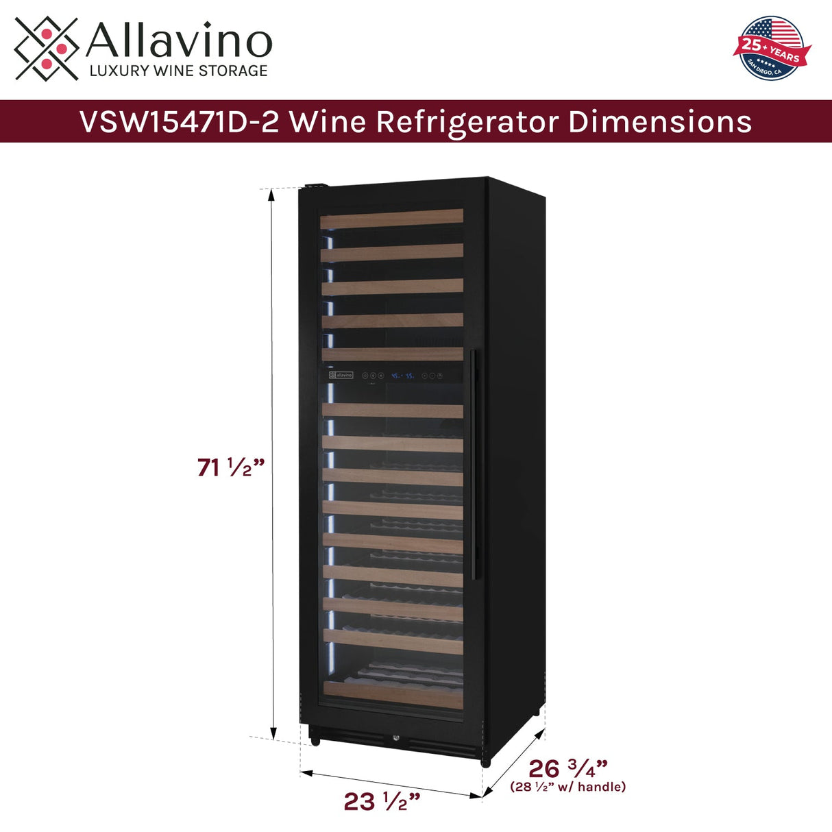 Allavino Reserva Series 154 Bottle 71" Tall Dual Zone Built-in Left Hinge Wine Refrigerator with Black Metal Door
