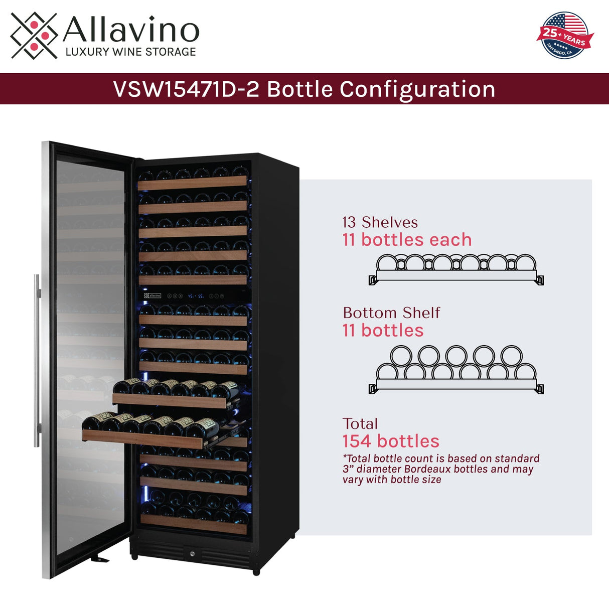Allavino Reserva Series 154 Bottle 71" Tall Dual Zone Left Hinge Stainless Steel Wine Refrigerator