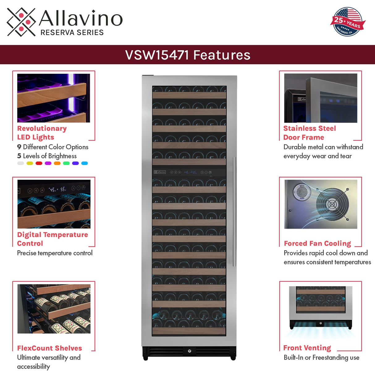 Allavino Reserva Series 154 Bottle 71" Tall Dual Zone Left Hinge Stainless Steel Wine Refrigerator