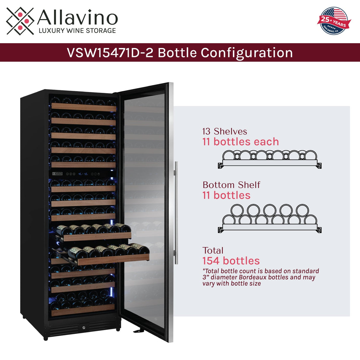Allavino Reserva Series 154 Bottle 71" Tall Dual Zone Right Hinge Stainless Steel Wine Refrigerator