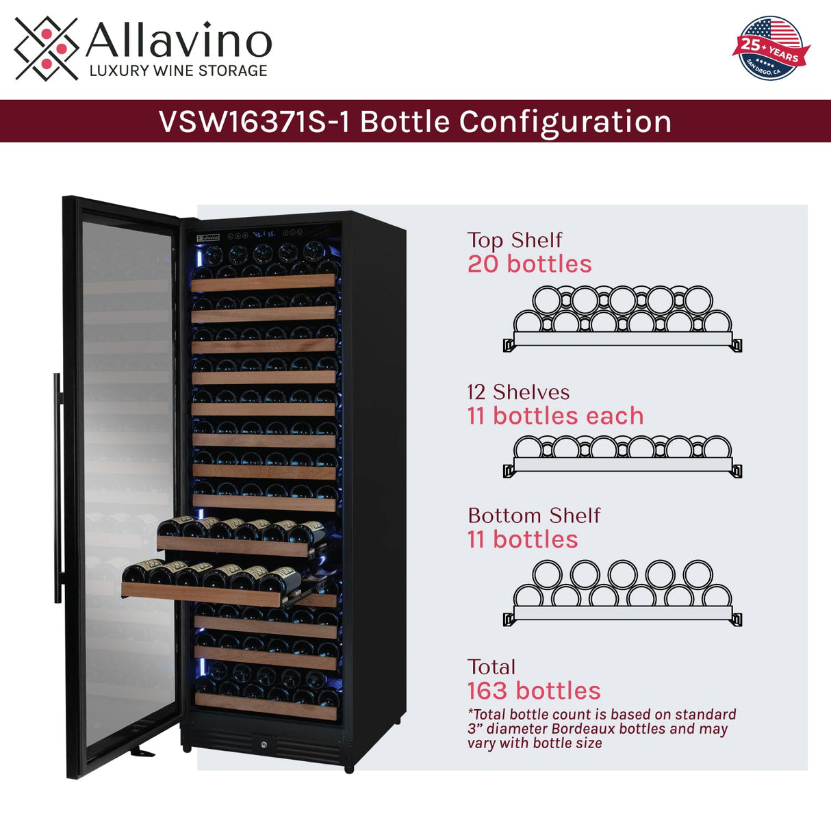 Allavino Reserva Series 163 Bottle 71" Tall Single Zone Left Hinge Black Metal Wine Cooler Refrigerator