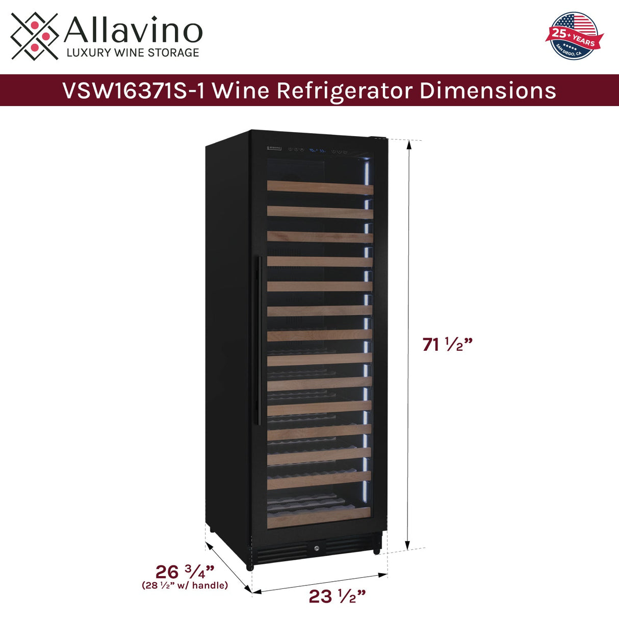 Allavino Reserva Series 163 Bottle 71" Tall Single Zone Right Hinge Black Metal Wine Cooler Refrigerator