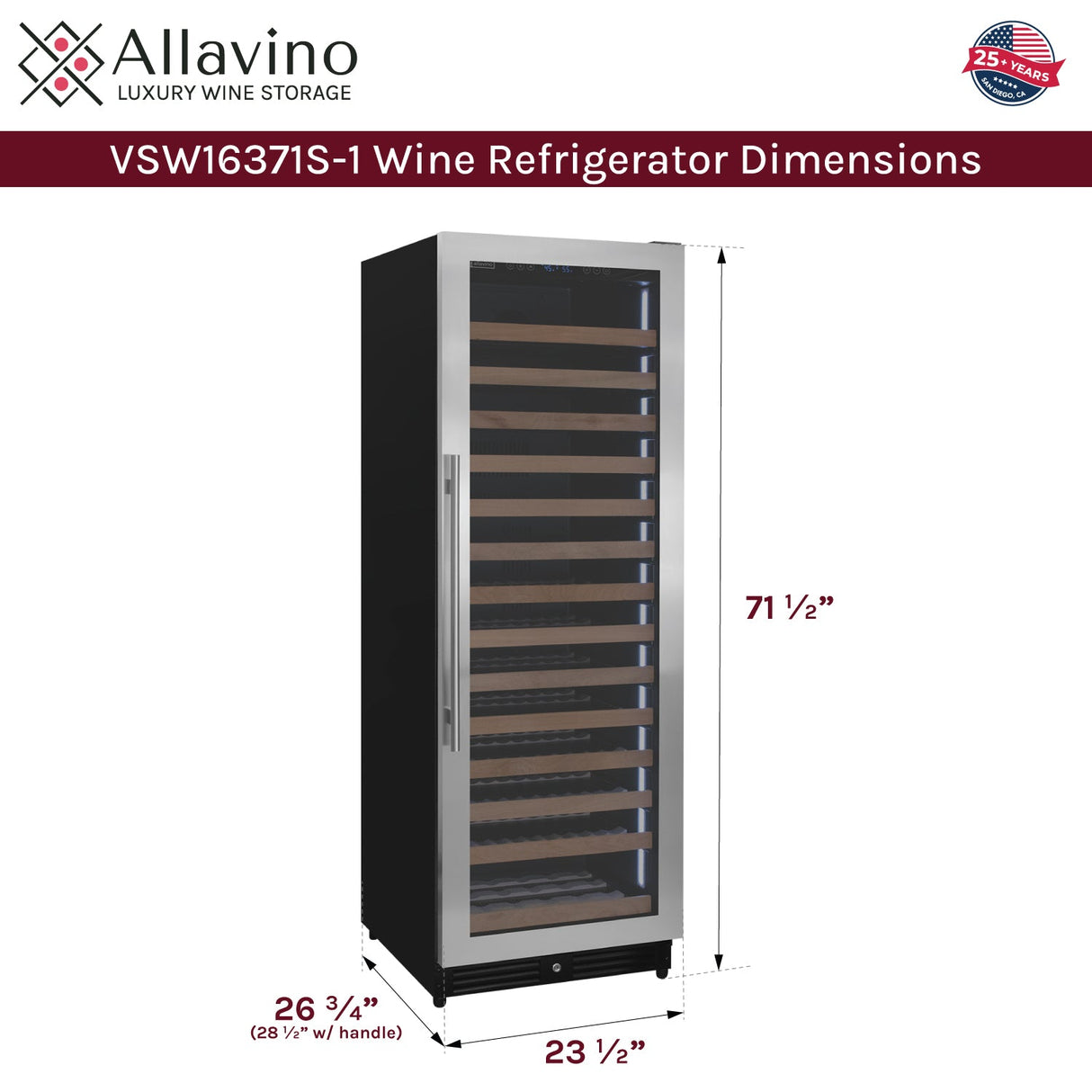 Allavino Reserva Series 163 Bottle 71" Tall Single Zone Right Hinge Stainless Steel Wine Refrigerator