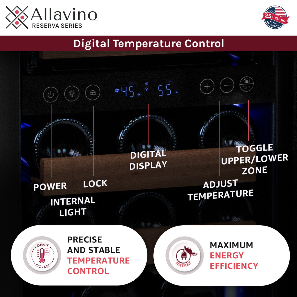 Allavino 15" Wide Reserva Series 30-Bottle Dual Zone Black Right Hinge Wine Refrigerator