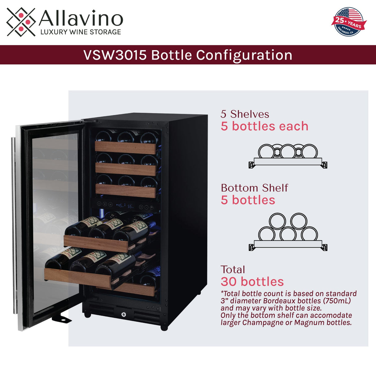 Allavino Reserva Series 15" Wide 30 Bottle Dual Zone Stainless Steel Left Hinge Wine Refrigerator