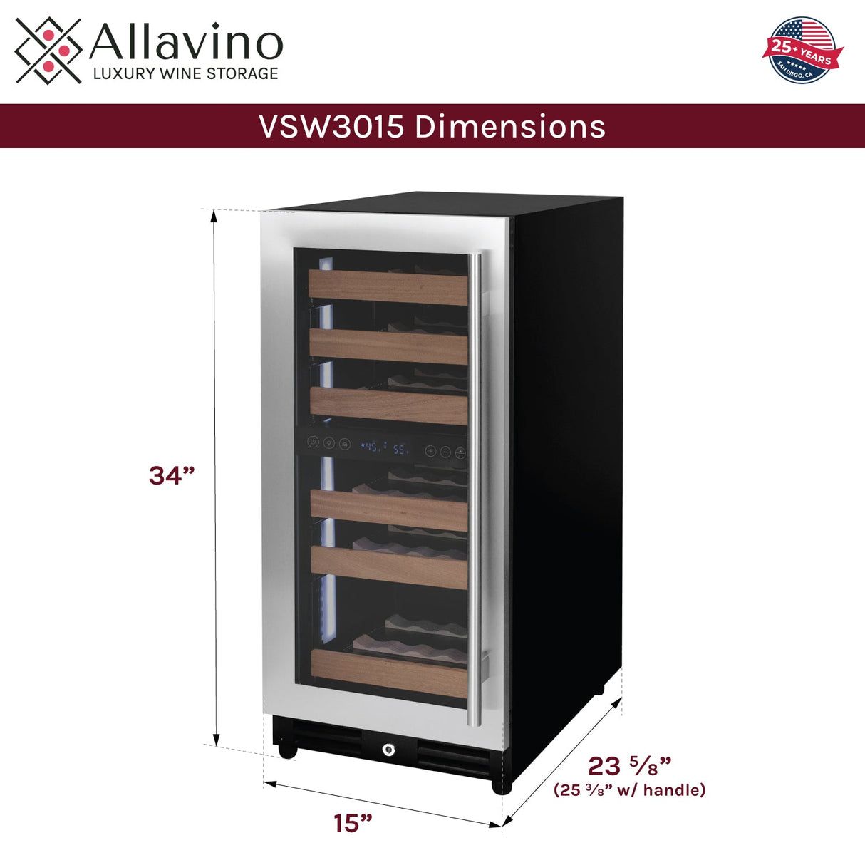 Allavino Reserva Series 15" Wide 30 Bottle Dual Zone Stainless Steel Left Hinge Wine Refrigerator
