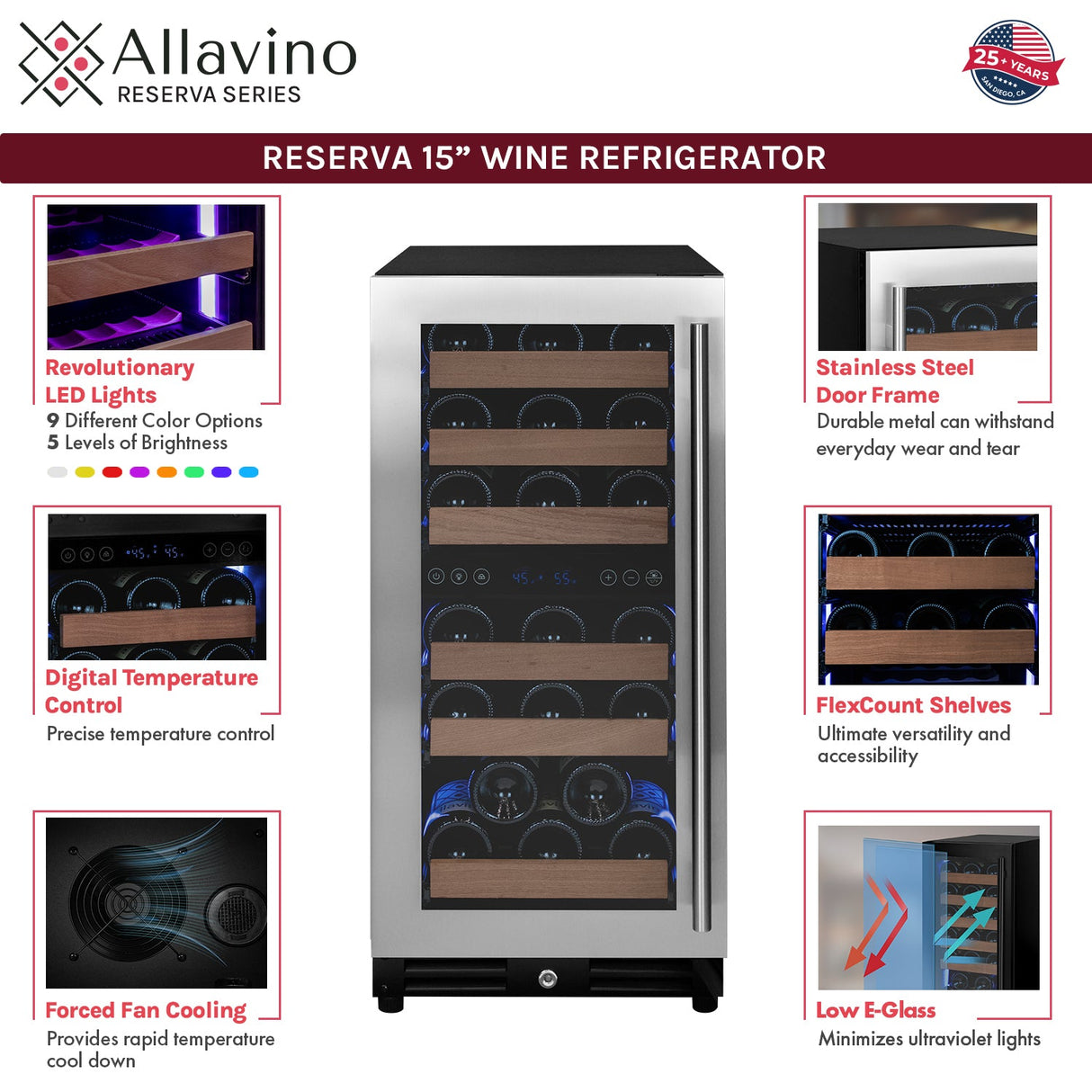 Allavino Reserva Series 15" Wide 30 Bottle Dual Zone Stainless Steel Left Hinge Wine Refrigerator