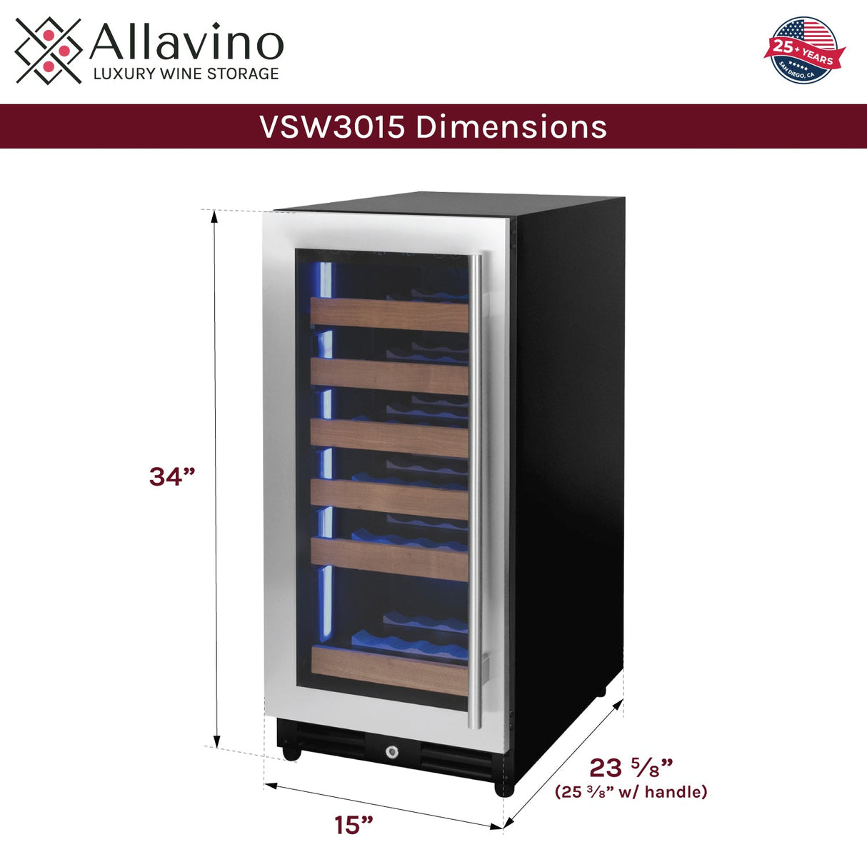 Allavino 15" Wide Reserva Series 30 Bottle Single Zone Stainless Steel Left Hinge Wine Refrigerator AO VSW3015S-1SL
