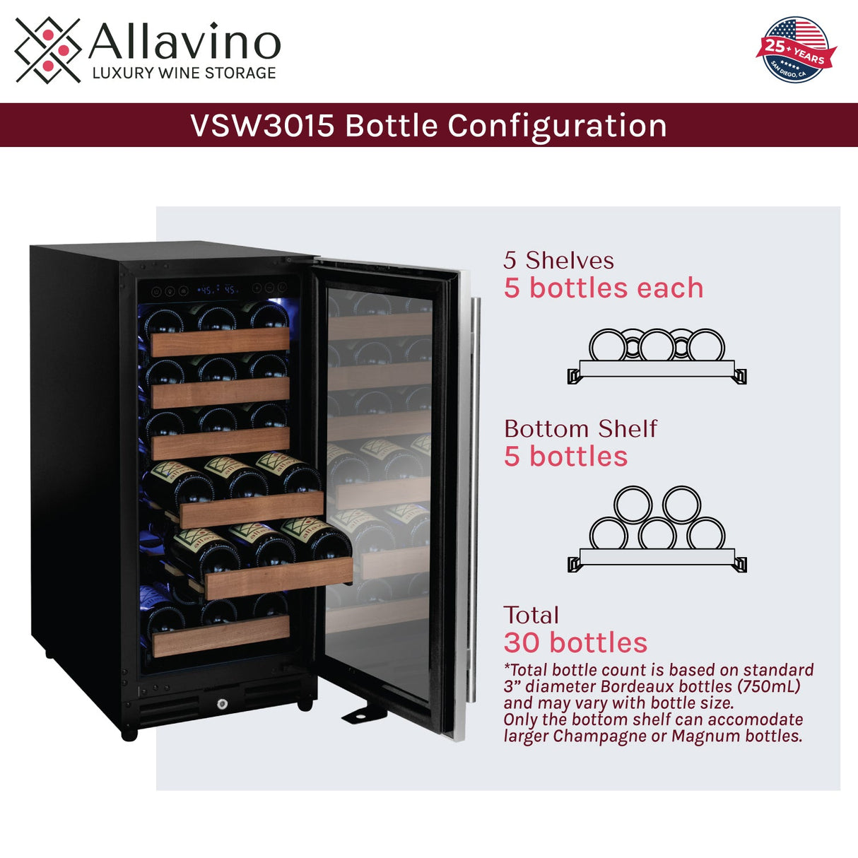 Allavino 15" Wide Reserva Series 30 Bottle Single Zone Stainless Steel Right Hinge Wine Refrigerator