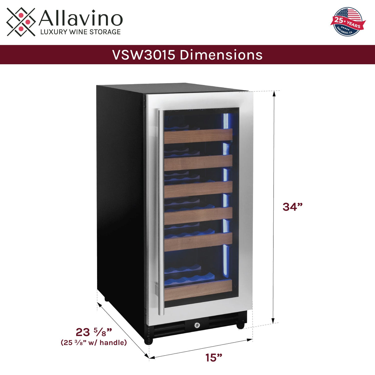 Allavino 15" Wide Reserva Series 30 Bottle Single Zone Stainless Steel Right Hinge Wine Refrigerator