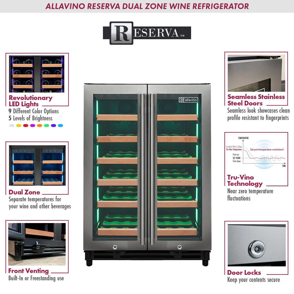 Allavino 24″ Wide FlexCount II Tru‑Vino 36‑Bottle Dual Zone Stainless Steel Wine Refrigerator