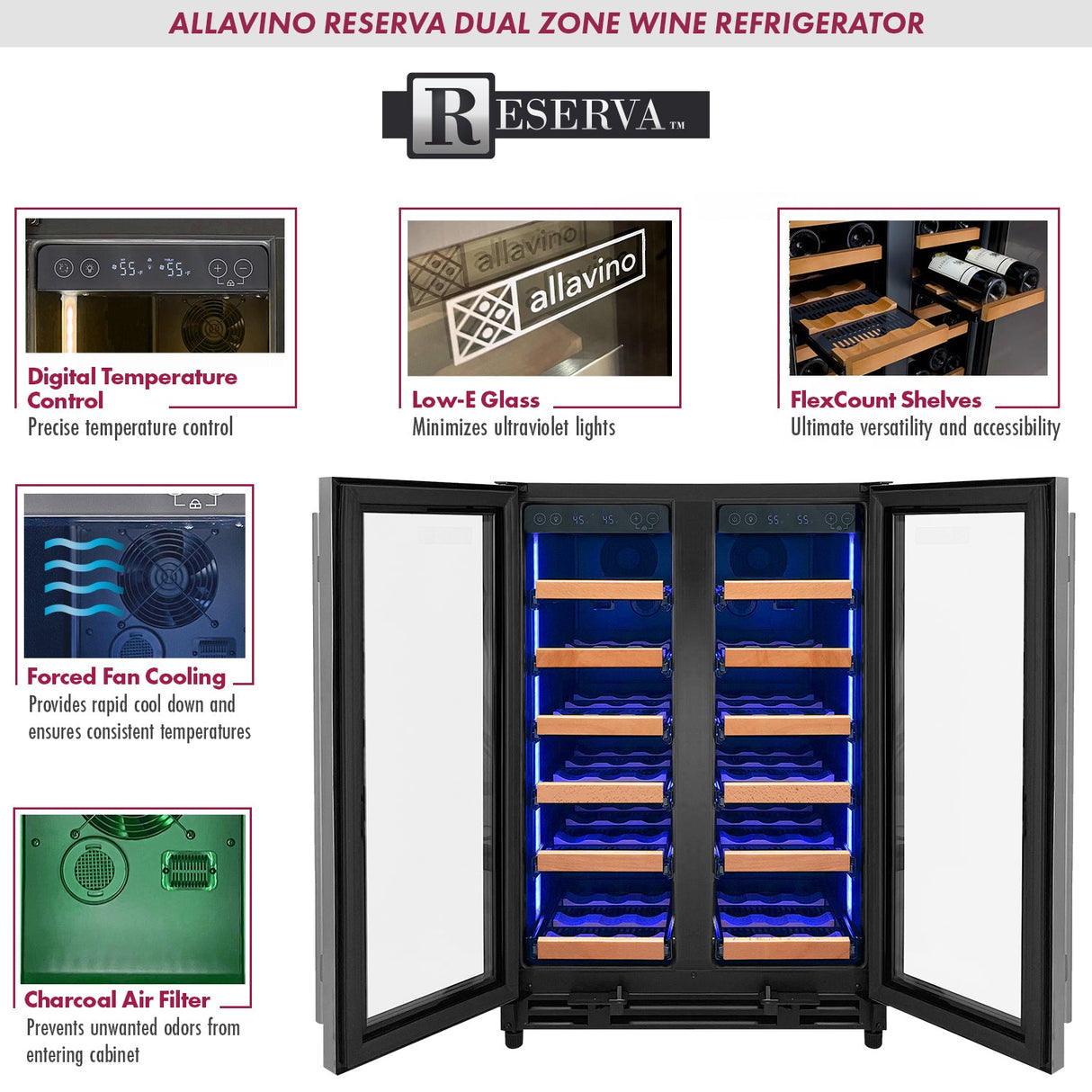 Allavino 24″ Wide FlexCount II Tru‑Vino 36‑Bottle Dual Zone Stainless Steel Wine Refrigerator