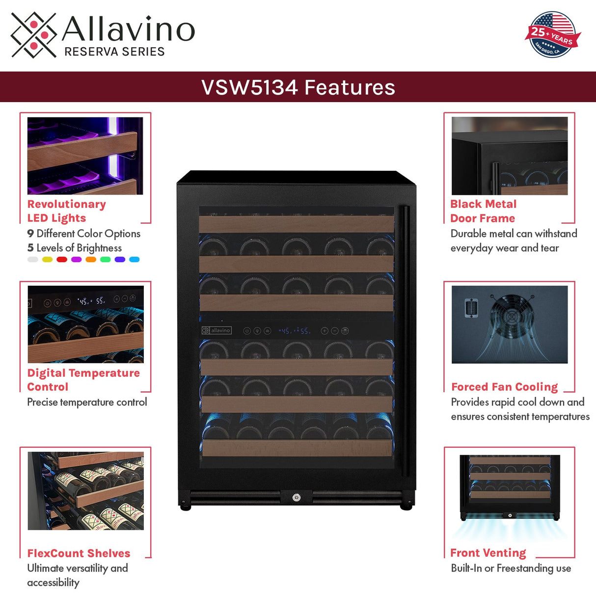 Allavino Reserva Series 51-Bottle Dual Zone Built-In Luxury Wine Refrigerator with Black Door Left Hinge VSW5134D-2BL