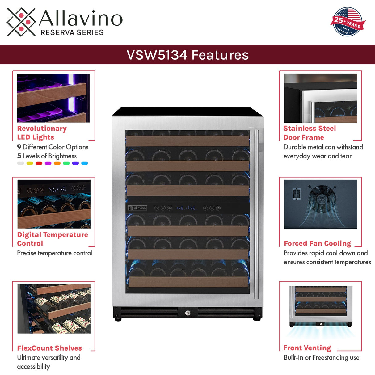 Allavino Reserva Series 51-Bottle Dual Zone Built-In Luxury Wine Refrigerator with Stainless Steel Door Left Hinge VSW5134D-2SL