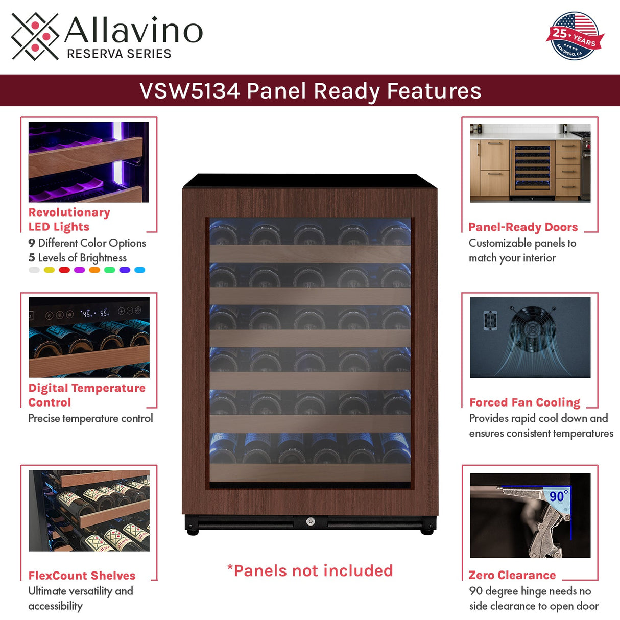 Allavino Reserva Series 51-Bottle Single Zone Built‑in Luxury Wine Refrigerator with Panel‑Ready Overlay Door Left Hinge