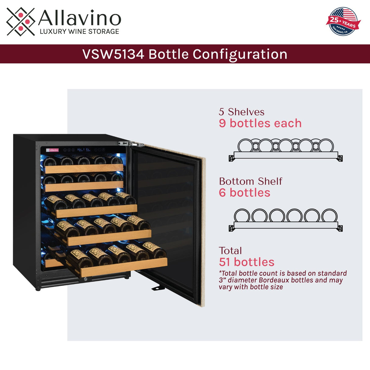 Allavino Reserva Series 51″ Single Zone Built-In Luxury Wine Refrigerator with Panel-Ready Overlay Door Right Hinge