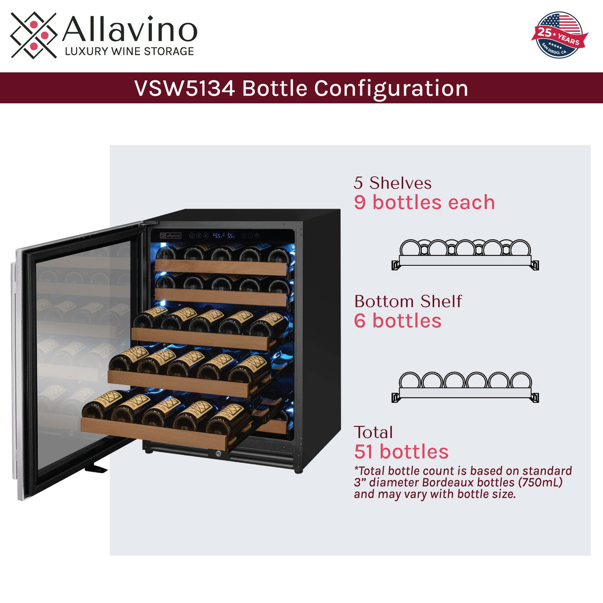 Allavino Reserva Series 51‑Bottle Single Zone Built‑In Luxury Wine Refrigerator with Stainless Steel Door Left Hinge VSW5134S‑1SL