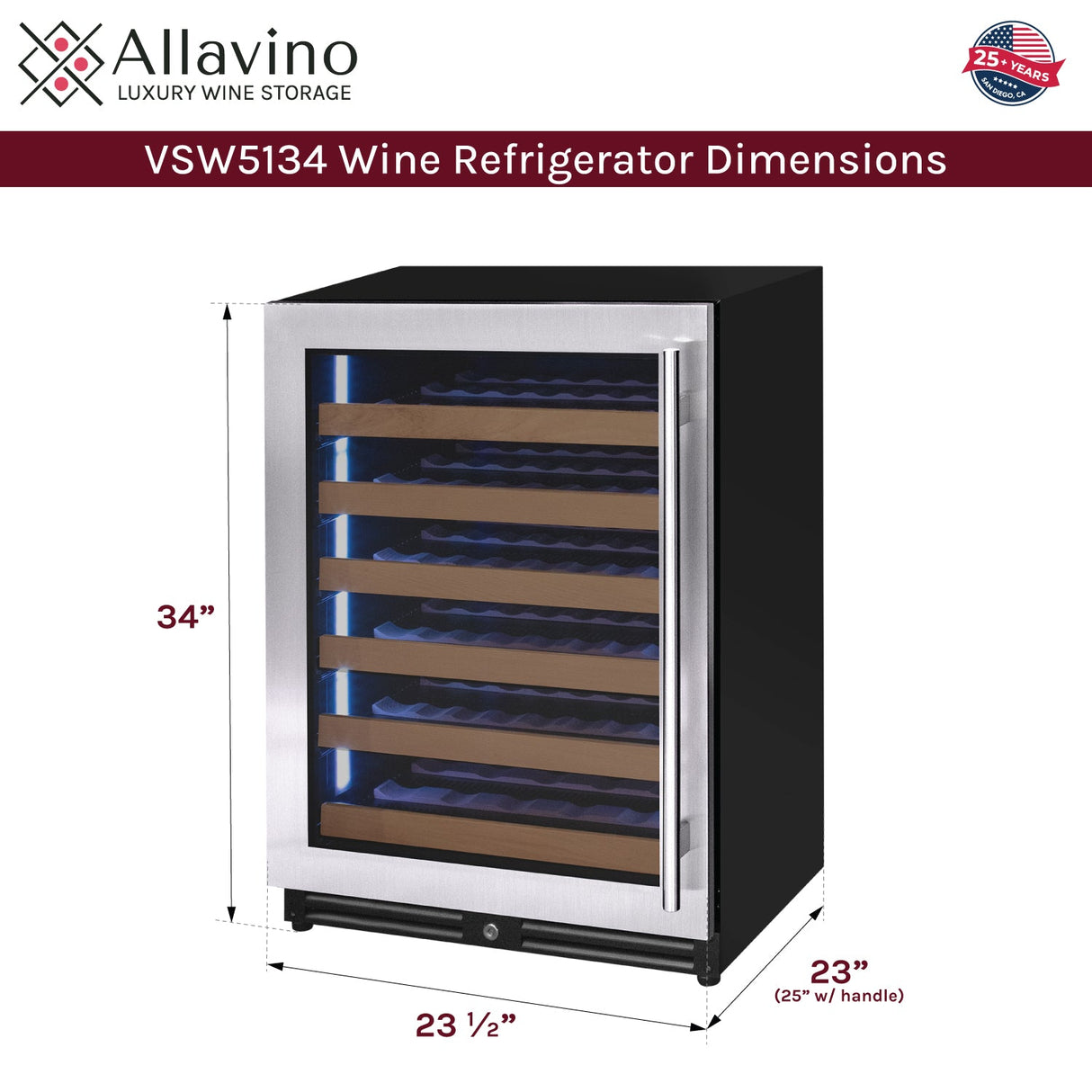Allavino Reserva Series 51‑Bottle Single Zone Built‑In Luxury Wine Refrigerator with Stainless Steel Door Left Hinge VSW5134S‑1SL