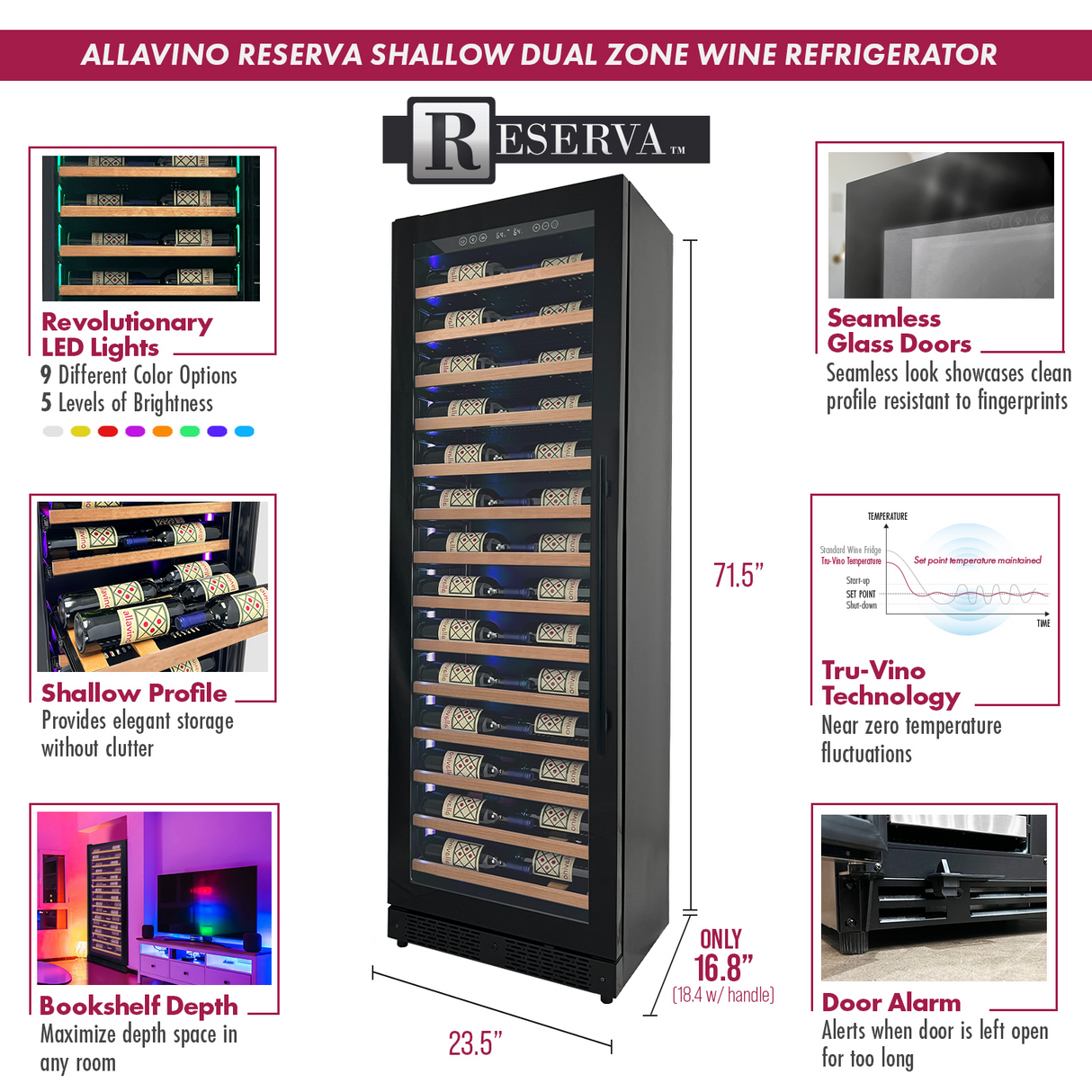 Allavino Reserva Series 67″ 71″ Tall Single Zone Left Hinge Black Shallow Wine Refrigerator with Wood Front Shelves
