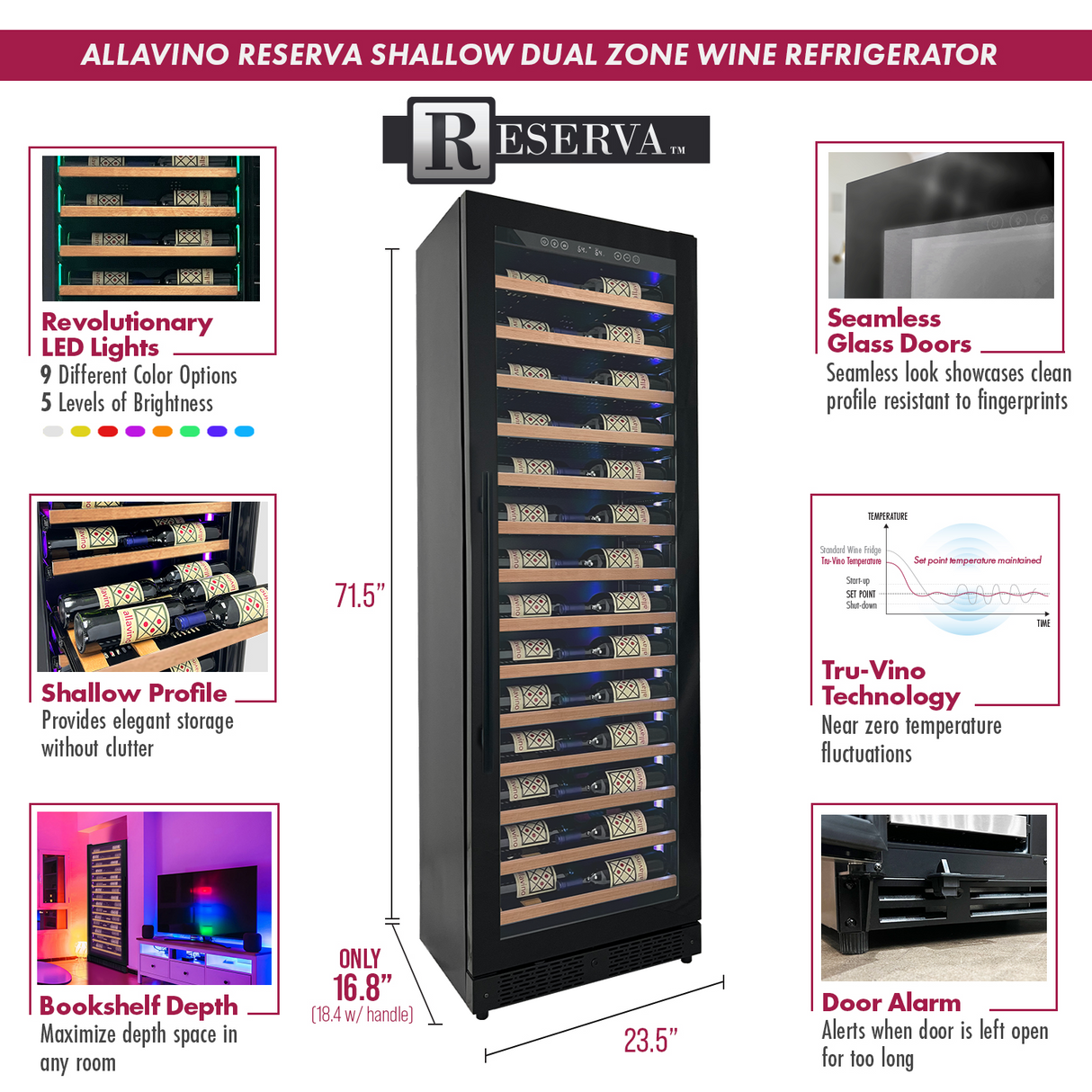 Allavino Reserva Series 67 Bottle 71″ Tall Single Zone Right Hinge Black Shallow Wine Refrigerator with Wood Front Shelves