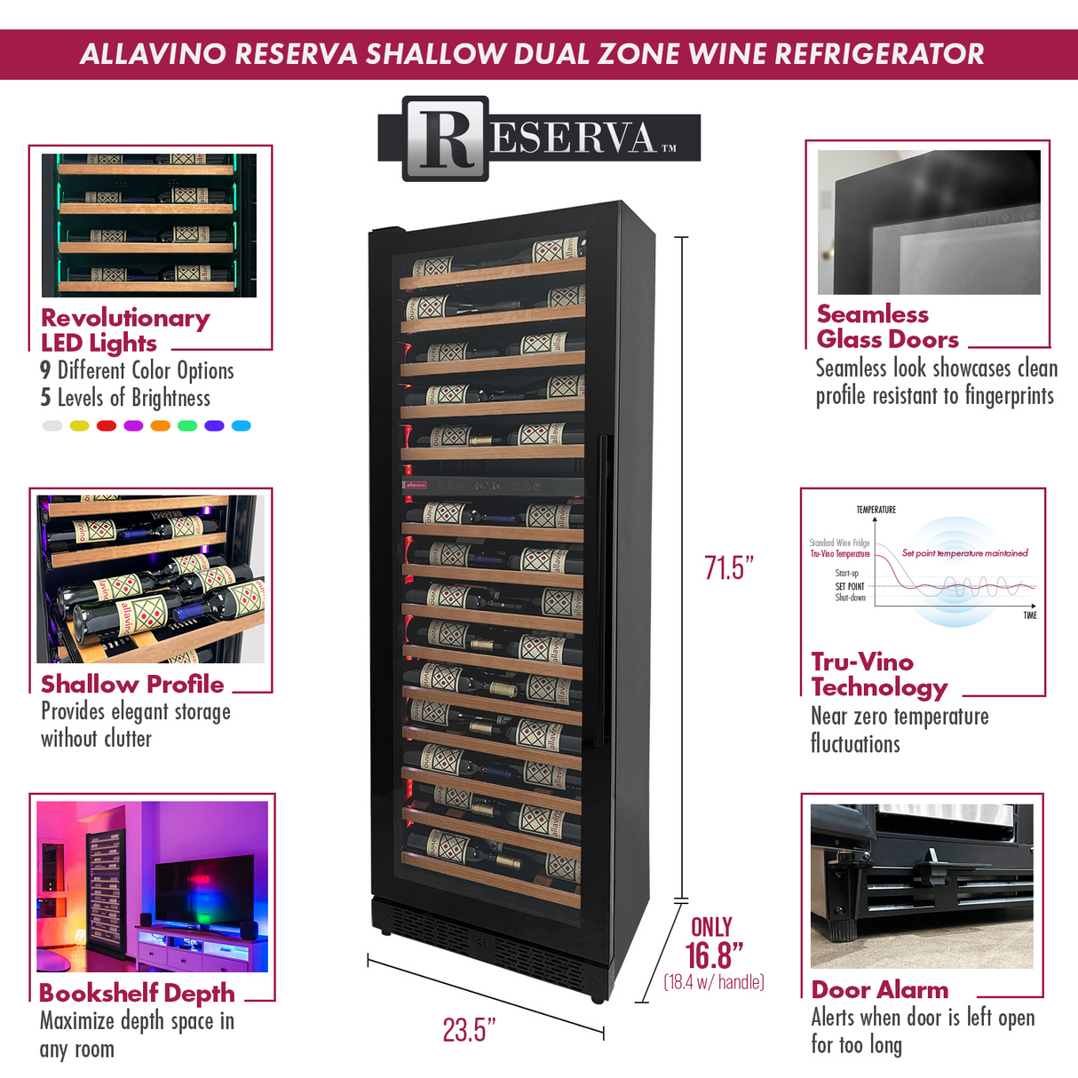 Allavino Reserva Series 134 Bottle 71" Tall Four Zone Black Side-by-Side Shallow Wine Refrigerator with Wood Front Shelves