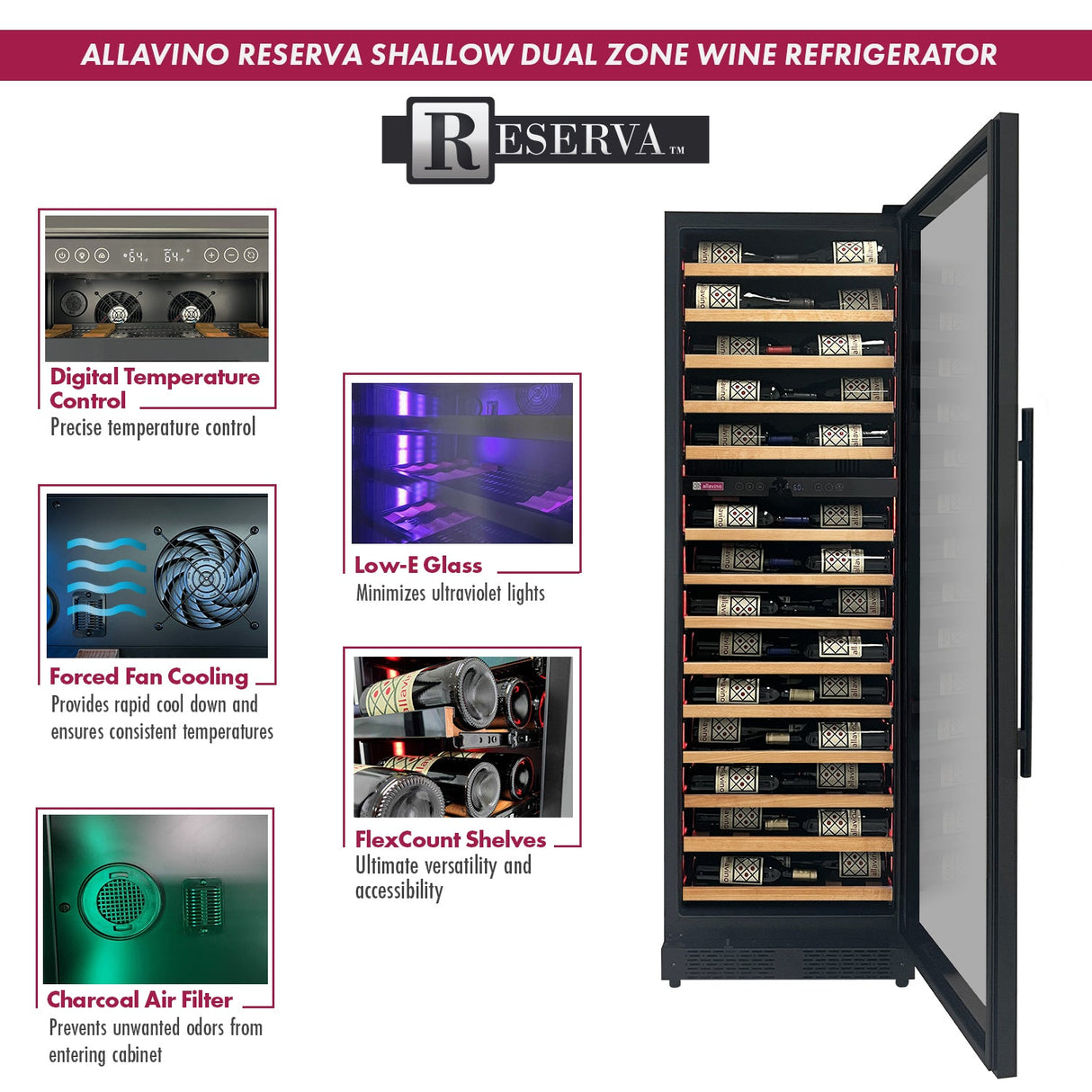 Allavino Reserva Series 67″ 71″ Tall Dual Zone Right Hinge Black Shallow Wine Refrigerator with Wood Shelf Fronts