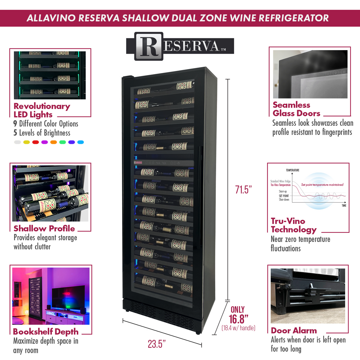 Allavino Reserva Series 67″ 71″ Tall Dual Zone Left Hinge Black Shallow Wine Refrigerator Console