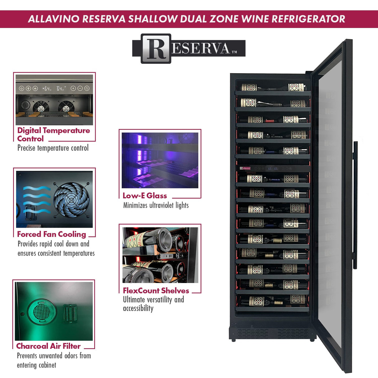Allavino Reserva Series 67-Bottle 71″ Tall Dual Zone Right Hinge Black Shallow Wine Refrigerator Console