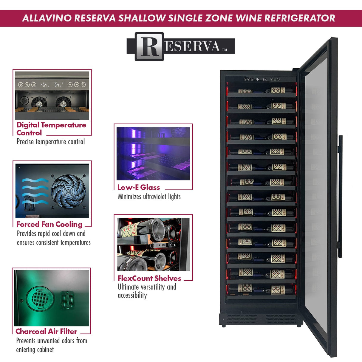 Allavino Reserva Series 67-Bottle 71″ Tall Single Zone Right Hinge Black Shallow Wine Refrigerator Console