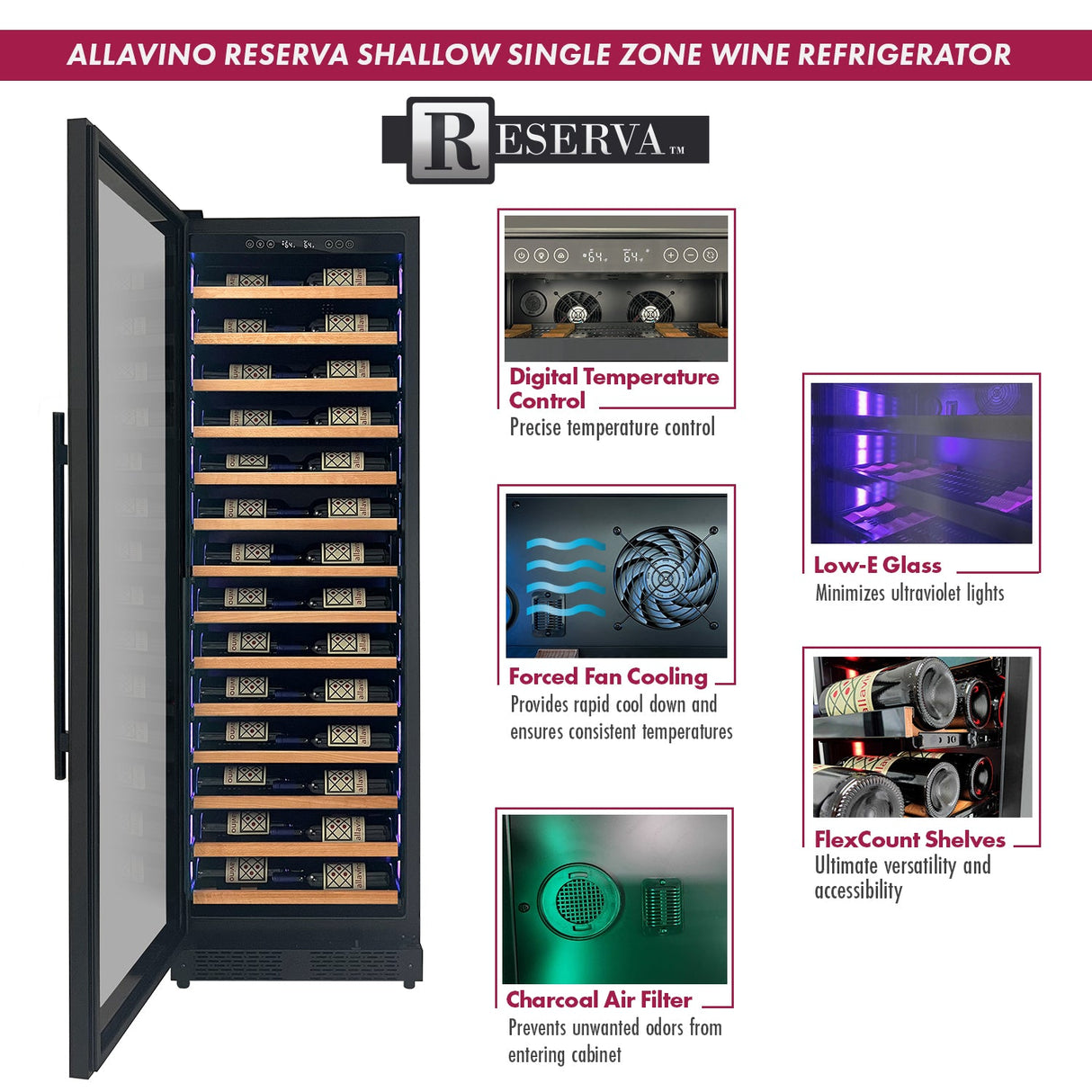 Allavino Reserva Series 67″ 71″ Tall Single Zone Left Hinge Black Shallow Wine Refrigerator with Wood Front Shelves