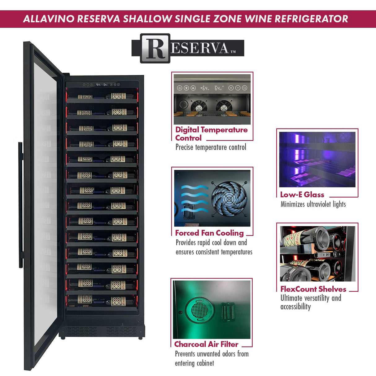 Allavino Reserva Series 134 Bottle 71" Tall Dual Zone Black Side-by-Side Shallow Wine Refrigerator Console