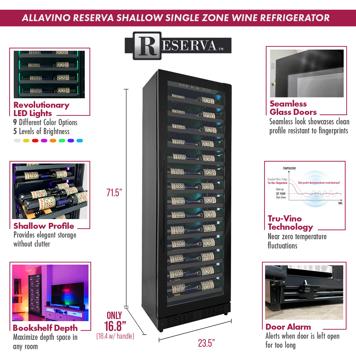 Allavino Reserva Series 67-Bottle 71″ Tall Single Zone Right Hinge Black Shallow Wine Refrigerator Console