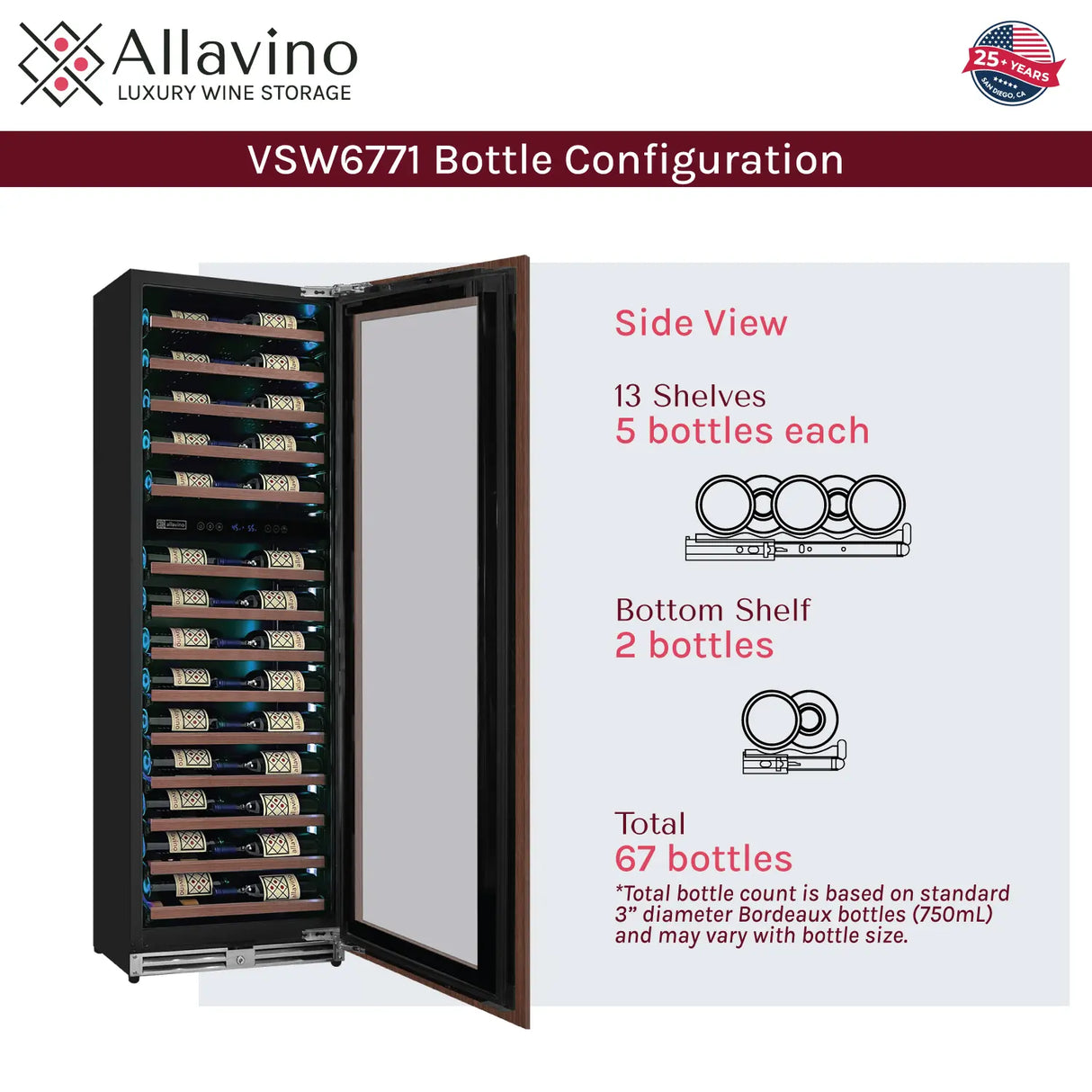 Allavino Reserva 67 Bottle 71" Single Zone Panel Ready Wine Refrigerator VSW6771S-1PRR