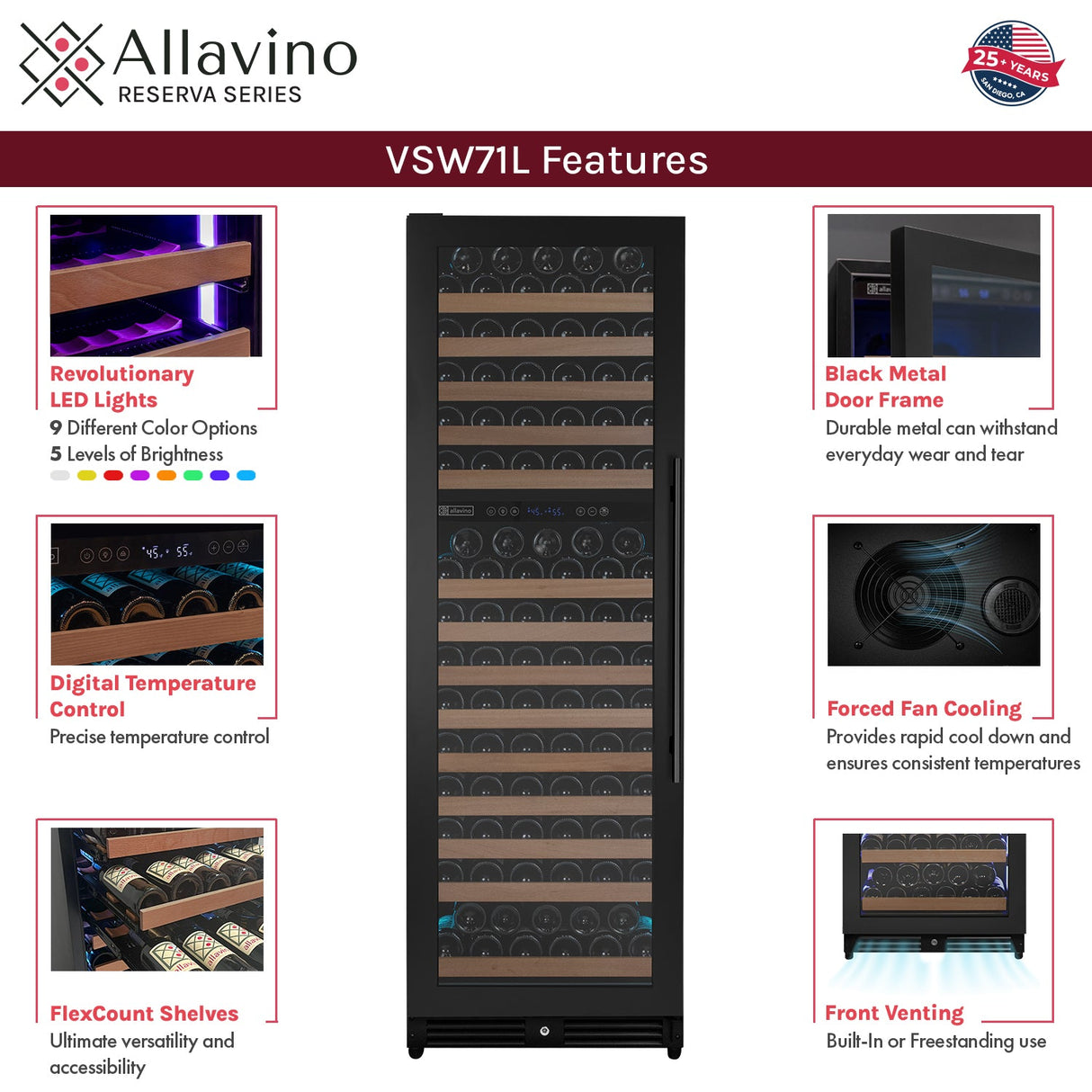 Allavino Reserva Series 172 Bottle Dual Zone Built-in Wine Refrigerator with Black Metal Door - Left Hinge