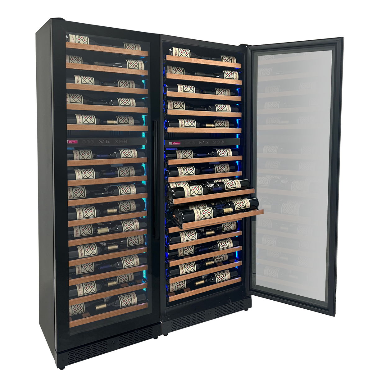 Allavino Reserva Series 134 Bottle 71" Tall Four Zone Black Side-by-Side Shallow Wine Refrigerator with Wood Front Shelves
