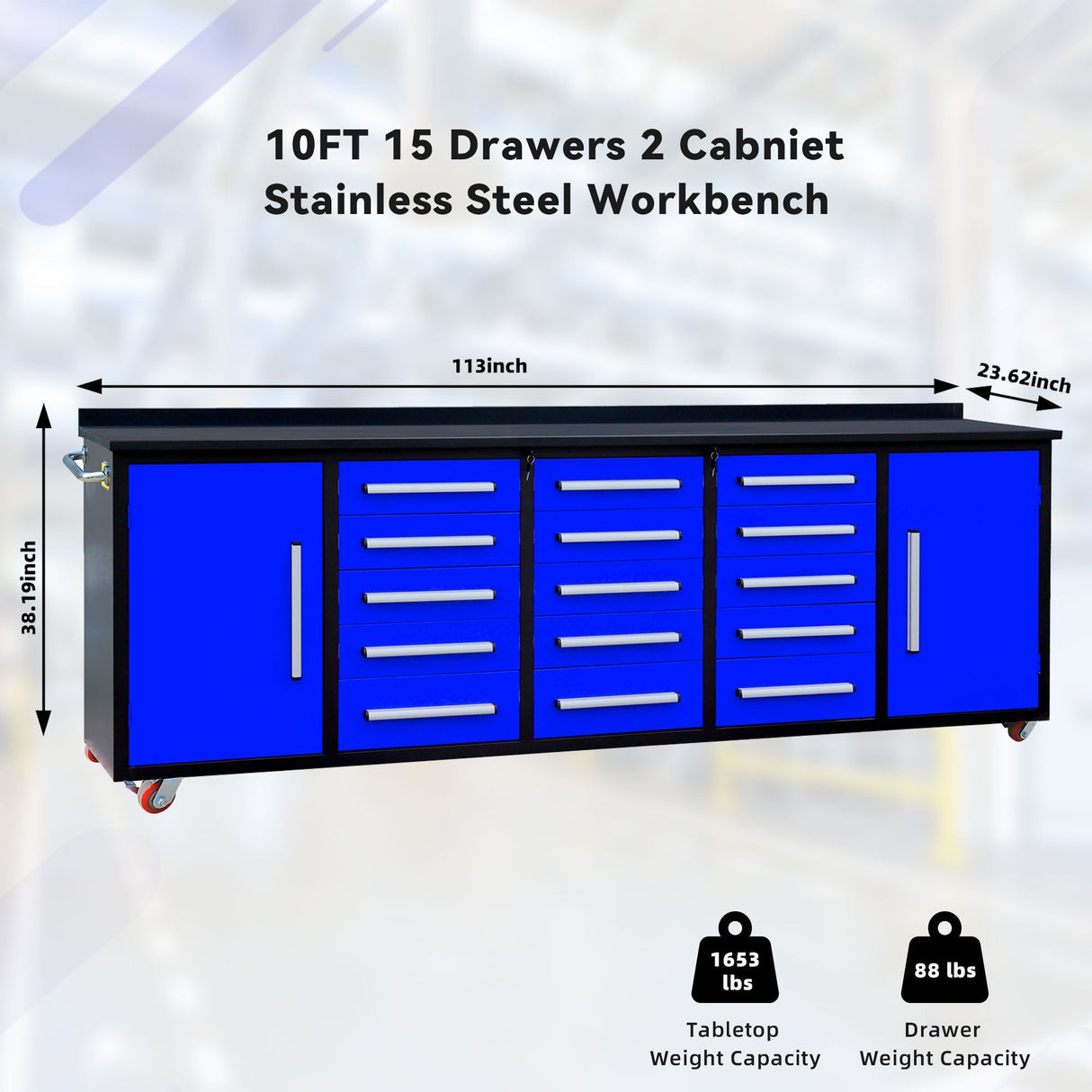 Chery Industrial 10’ Rolling Storage Workbench with 15 Drawers and Wheels