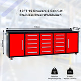 Chery Industrial 10’ Rolling Storage Workbench with 15 Drawers and Wheels