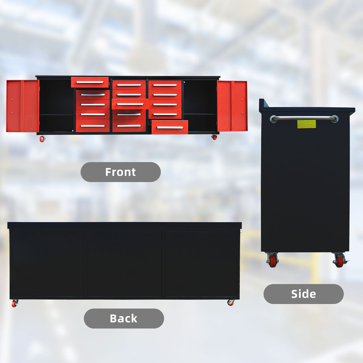 Chery Industrial 10’ Rolling Storage Workbench with 15 Drawers and Wheels