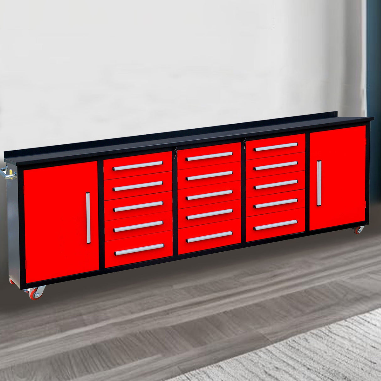 Chery Industrial 10’ Rolling Storage Workbench with 15 Drawers and Wheels