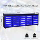 Chery Industrial 10’ Rolling Storage Workbench with 25 Drawers and Wheels