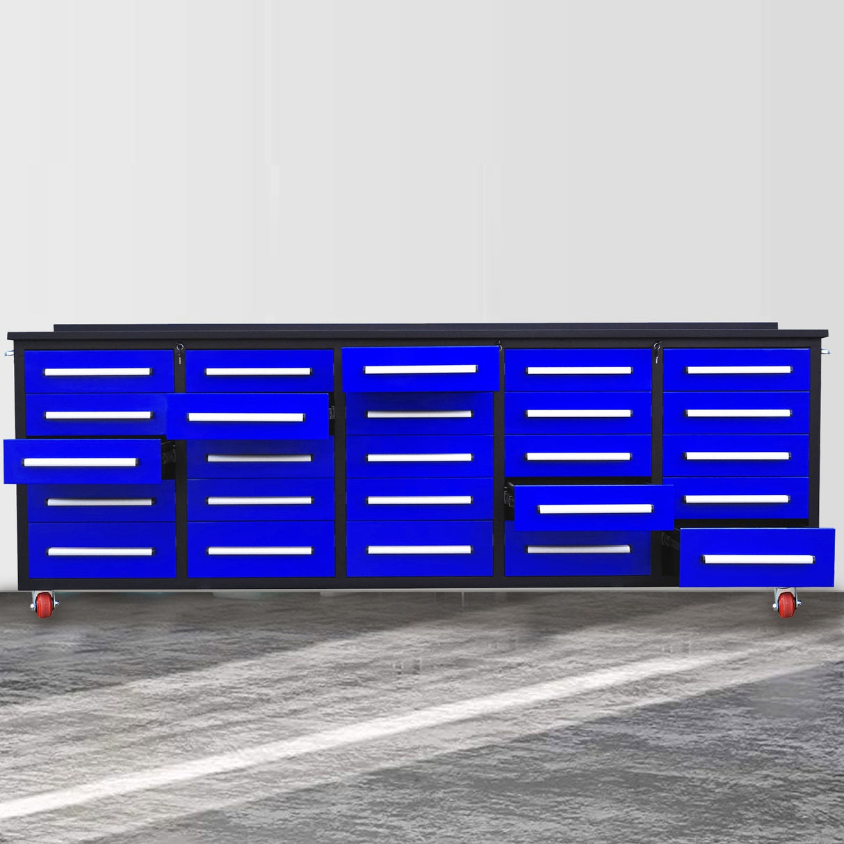 Chery Industrial 10’ Rolling Storage Workbench with 25 Drawers and Wheels