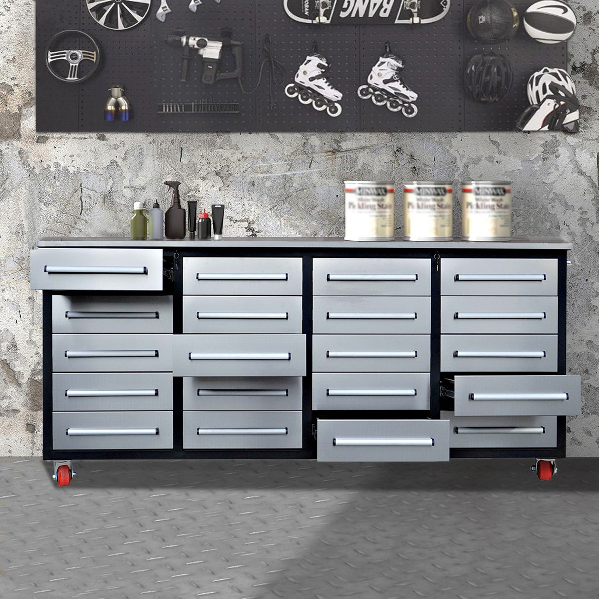 Chery Industrial 7ft 20-Drawer Storage Workbench with Wheels