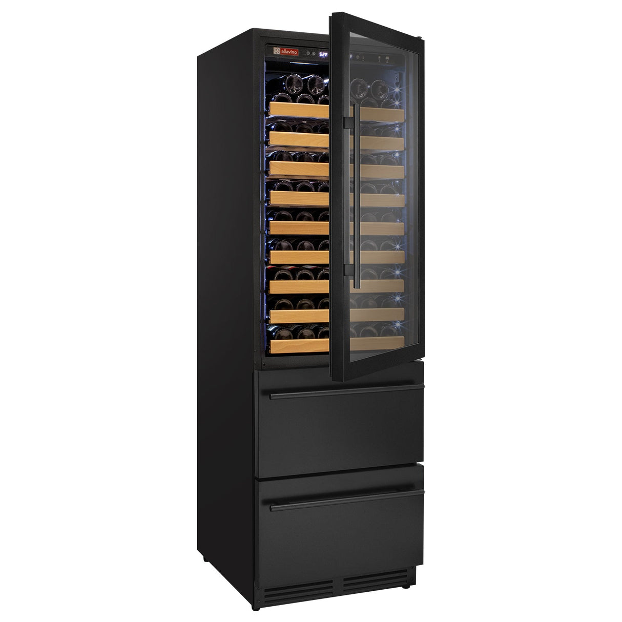 Allavino 76.5″ Tall Black Wine Refrigerator with Two Refrigerated Drawers Dual Zone Wine Cooler AO YHWR7724D-B
