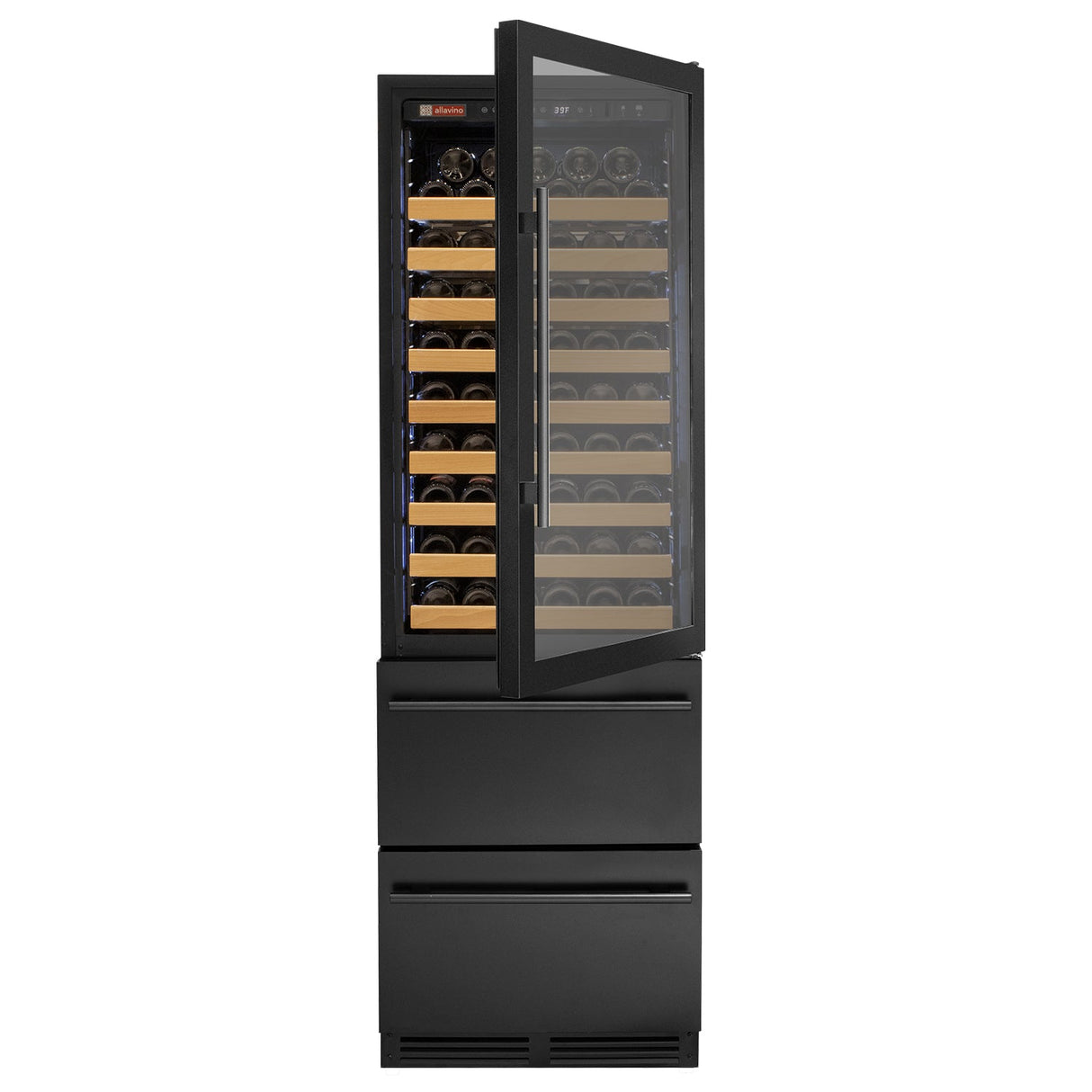 Allavino 76.5″ Tall Black Wine Refrigerator with Two Refrigerated Drawers Dual Zone Wine Cooler AO YHWR7724D-B