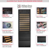 Allavino 76.5″ Tall Black Wine Refrigerator with Two Refrigerated Drawers Dual Zone Wine Cooler AO YHWR7724D-B